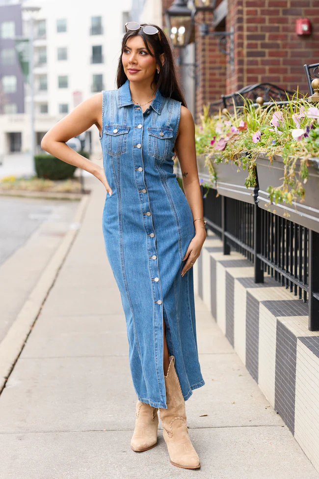 Romy Denim Button Front Maxi Dress FINAL SALE - Image 2