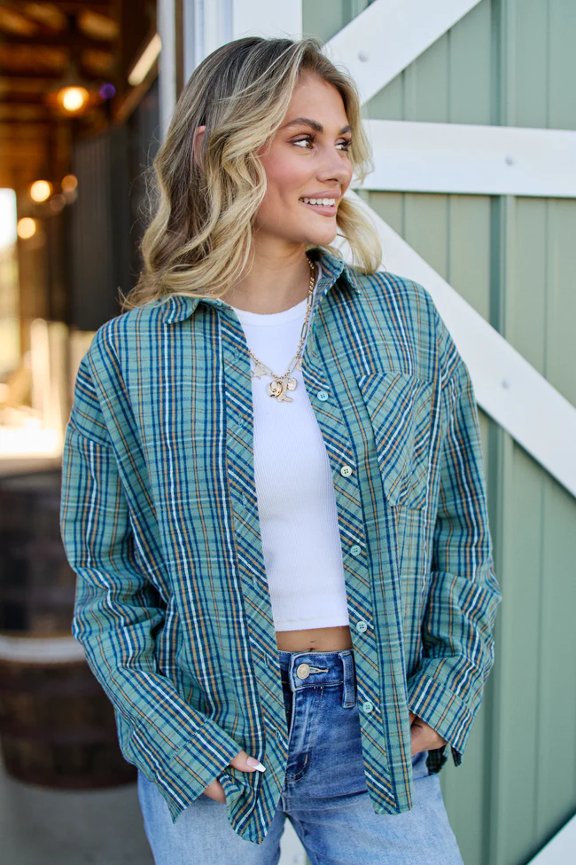 Rory Blue And Green Plaid Flannel Button Down Top FINAL SALE - Image 3