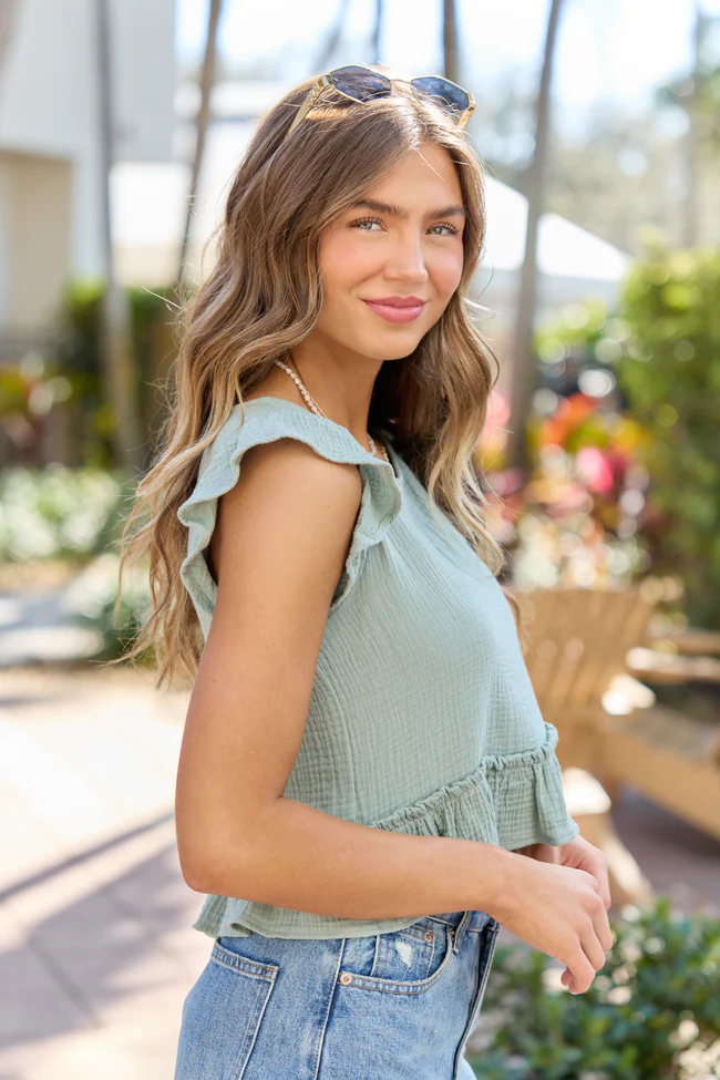 Ruby Seafoam Green Gauze Flutter Button Back Woven Blouse - Image 4