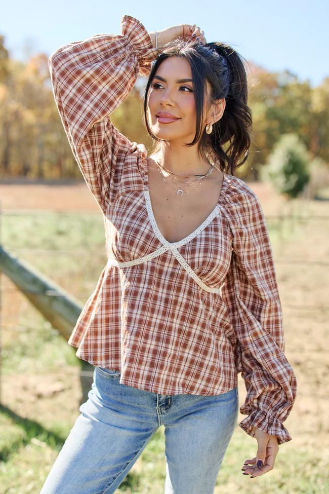 Sable Plaid And Lace Trim Babydoll Top FINAL SALE