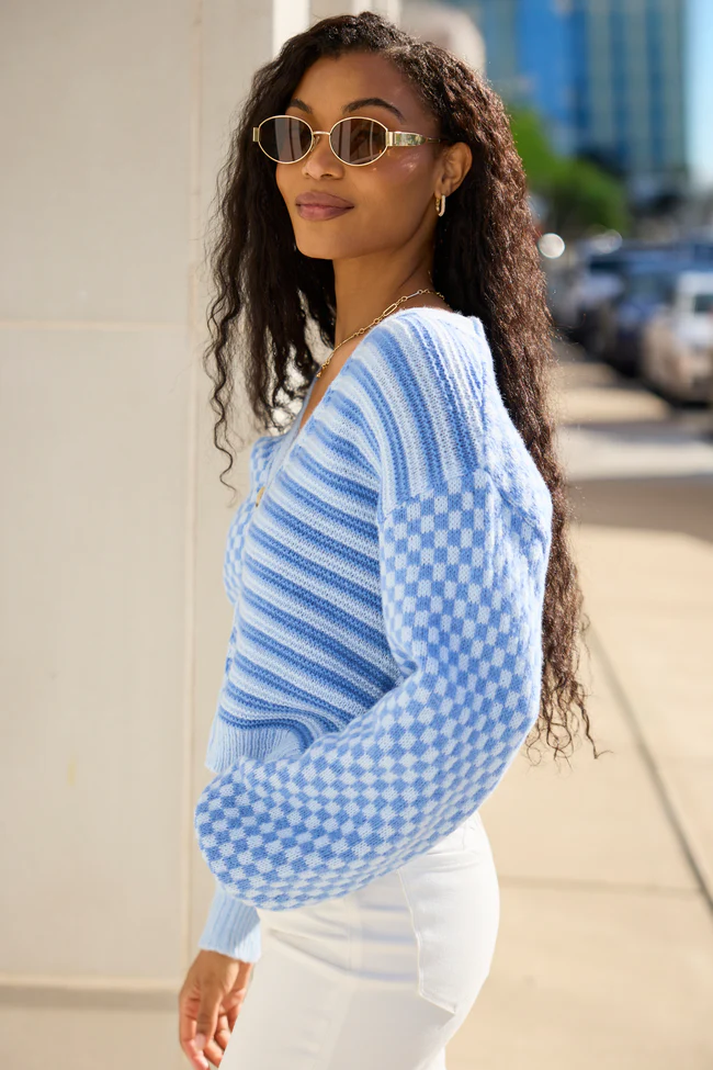 Samara Checkered And Stripes Blue Cardigan SALE - Image 4