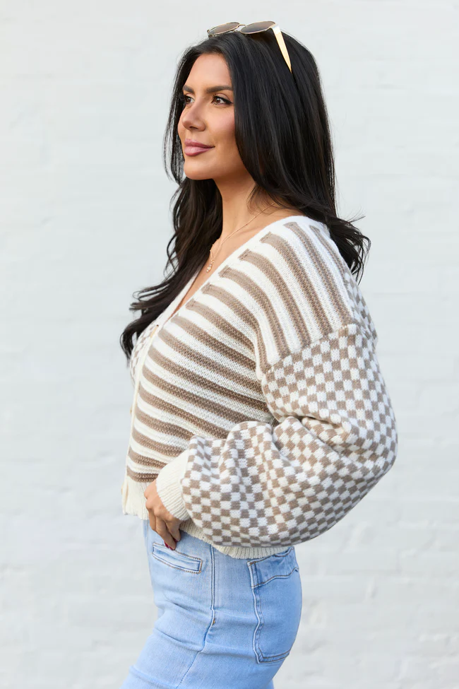 Samara Checkered And Stripes Brown And Cream Cardigan SALE - Image 3