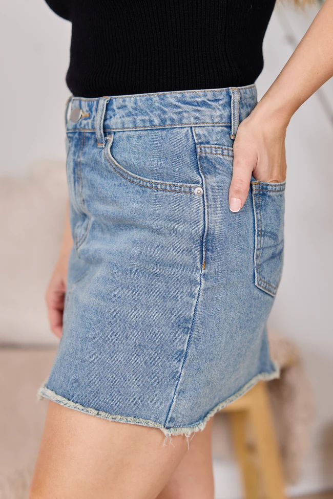 Sarah Frayed Hem Medium Wash Denim Mini Skirt FINAL SALE - Image 5