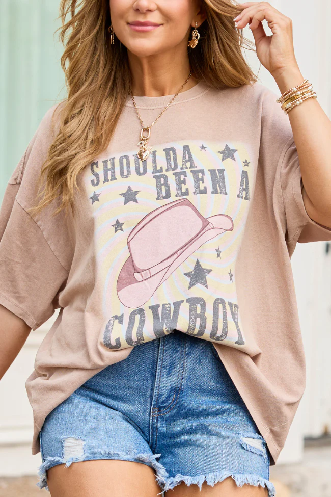 Shoulda Been A Cowboy Taupe Oversized Graphic Tee - Image 2