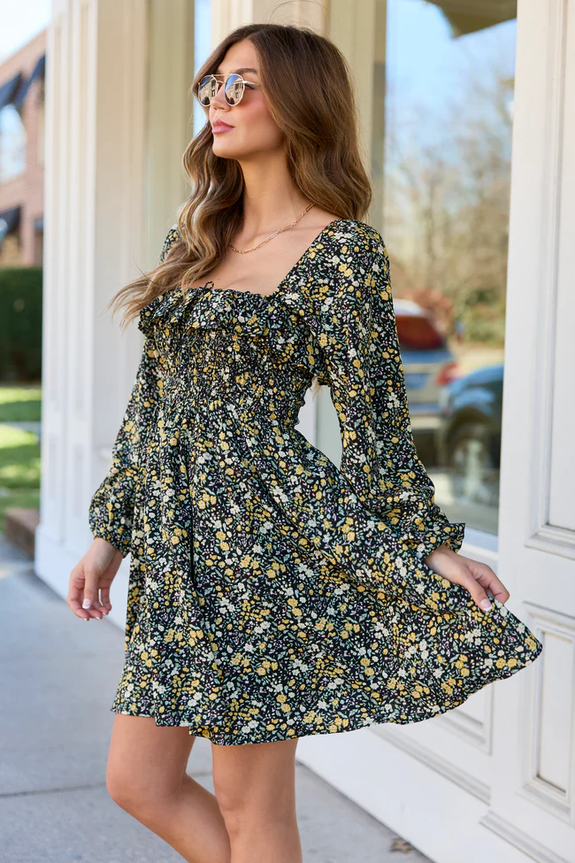Sophia Black Floral Smocked Top Dress - Image 3