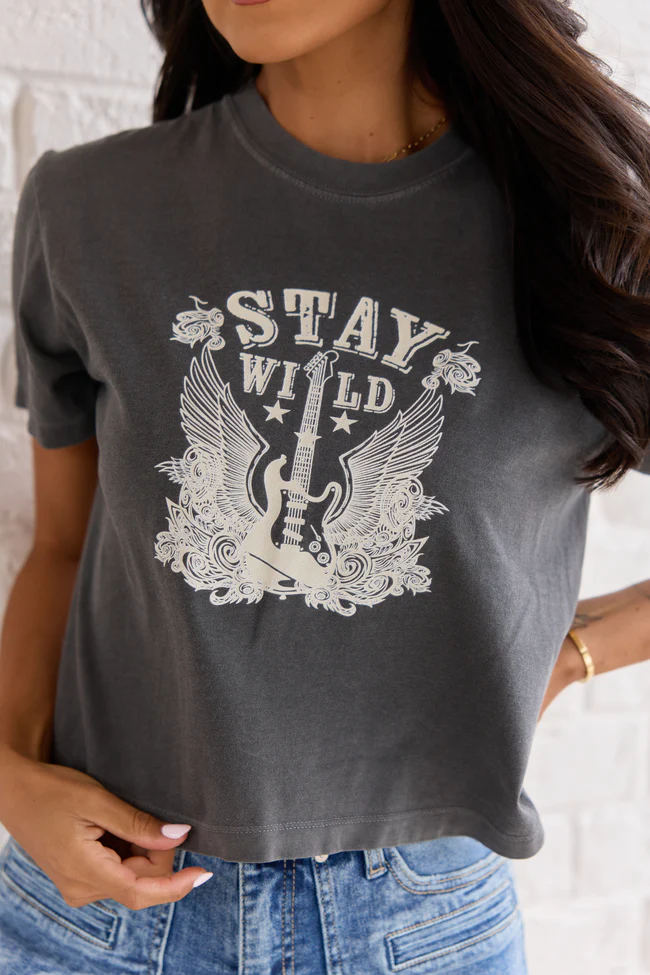 Stay Wild Dark Grey Boxy Graphic Tee - Image 2