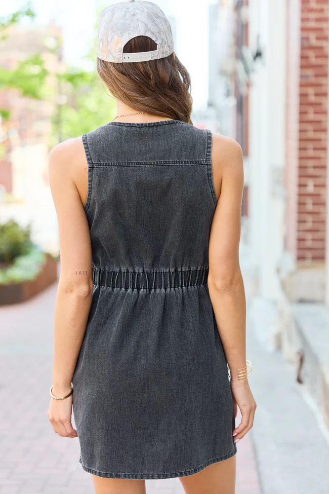 Strike A Chord Black Wash Denim Button Front Dress - Image 5