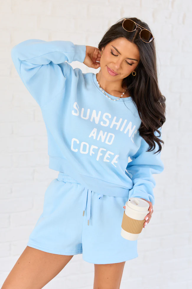 Sunshine And Coffee Light Blue Cropped Graphic Sweatshirt - Image 3