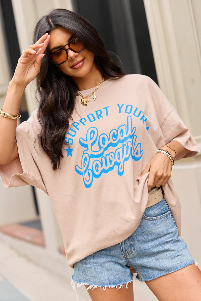 Support Your Local Cowgirls Taupe Oversized Graphic Tee - Image 3