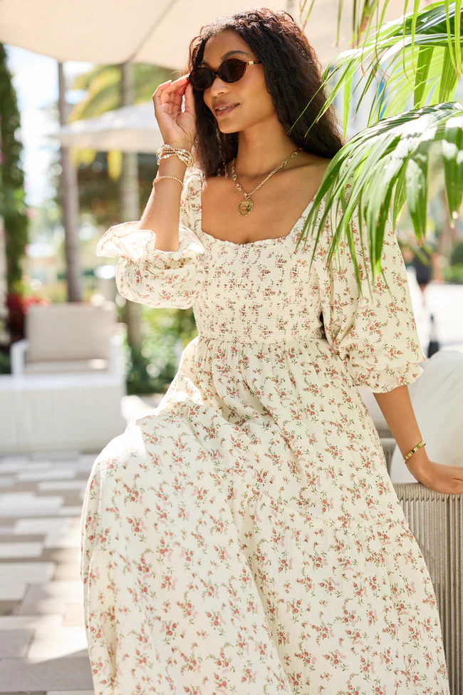 Thalia Neutral Floral Smocked Top Dress - Image 2
