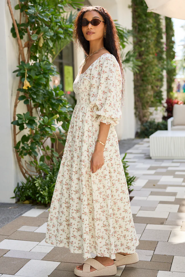 Thalia Neutral Floral Smocked Top Dress - Image 4