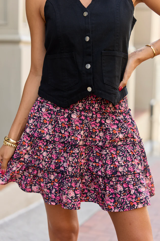 Through The Garden Black & Pink Floral Mini Skort - Image 2