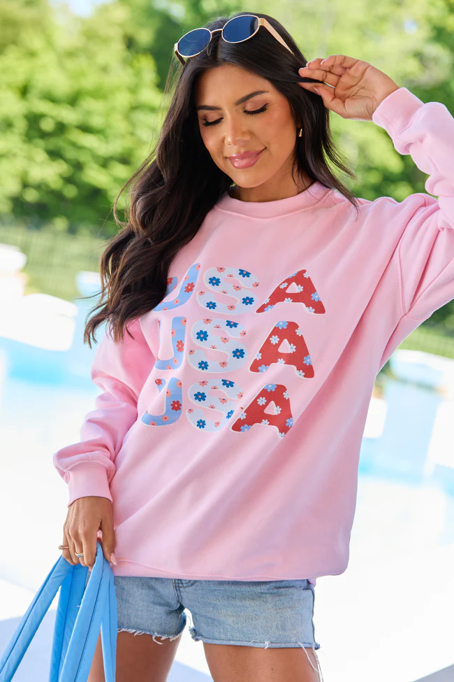 USA Floral Light Pink Oversized Graphic Sweatshirt DOORBUSTER - Image 5