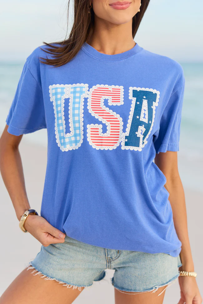 USA Lace Print Blue Graphic Tee - Image 2