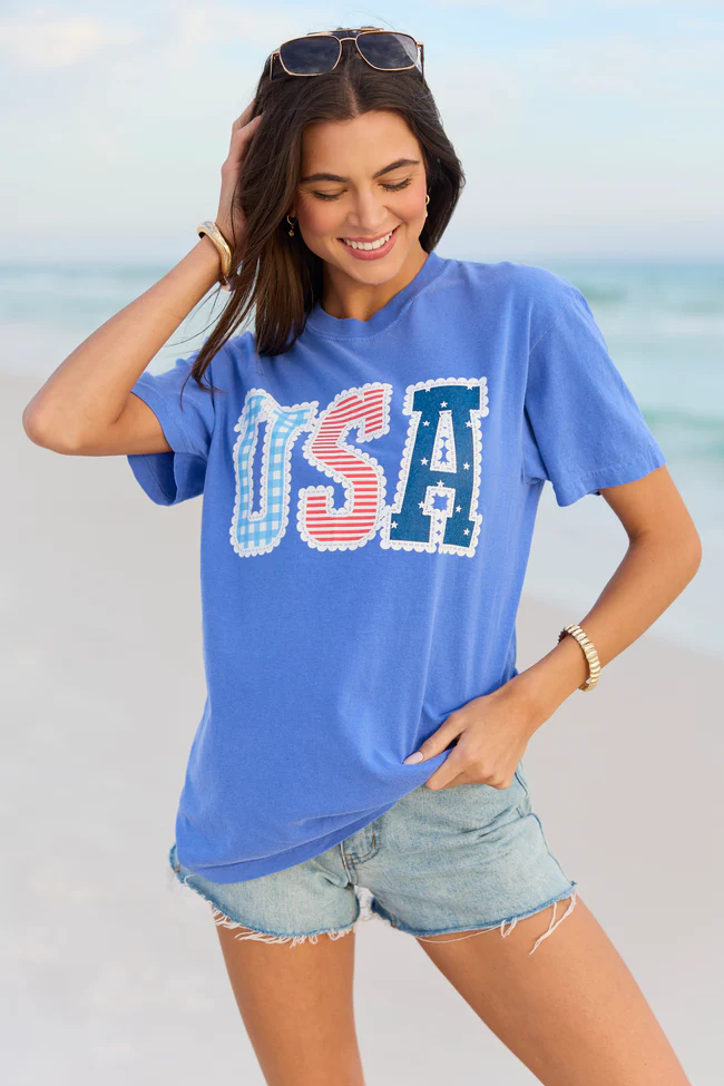USA Lace Print Blue Graphic Tee - Image 3