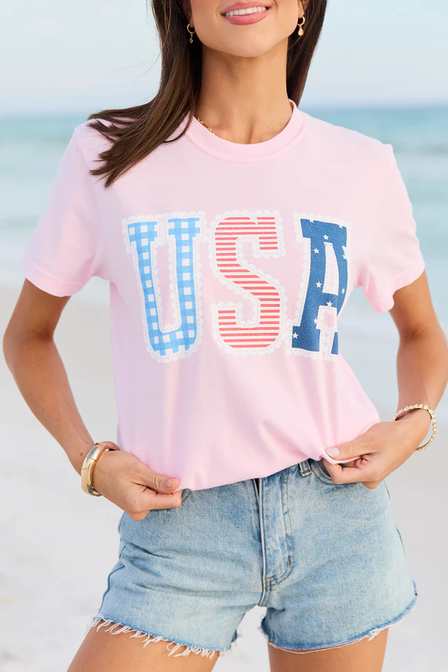 USA Lace Print Light Pink Graphic Tee - Image 2