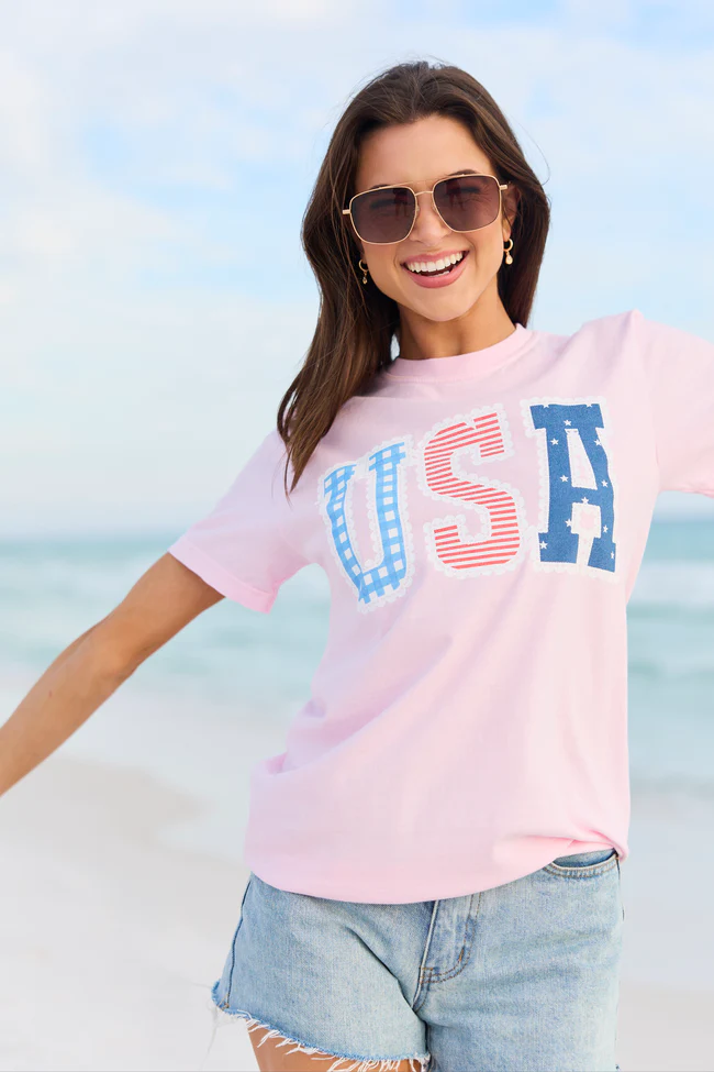 USA Lace Print Light Pink Graphic Tee - Image 3