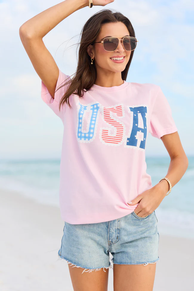 USA Lace Print Light Pink Graphic Tee - Image 4