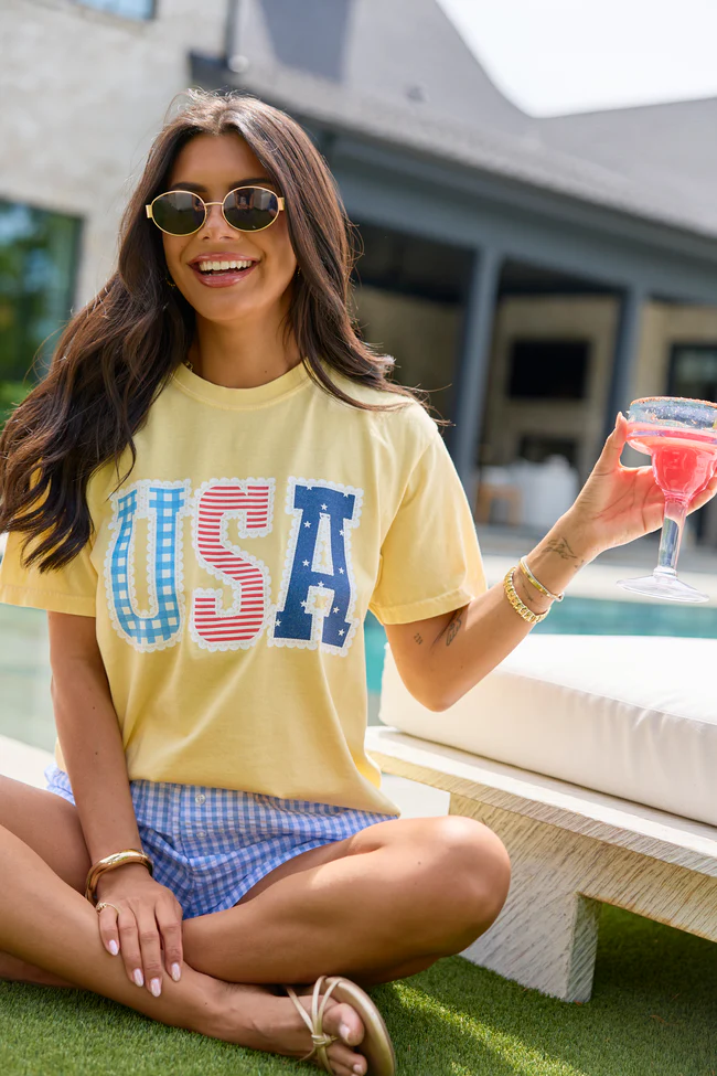 USA Lace Print Yellow Graphic Tee - Image 2