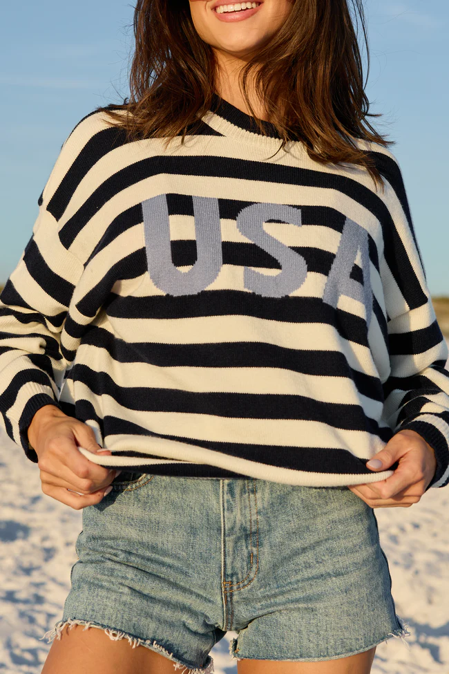 USA Navy And Ivory Striped Sweater - Image 2