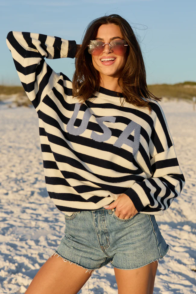 USA Navy And Ivory Striped Sweater - Image 4
