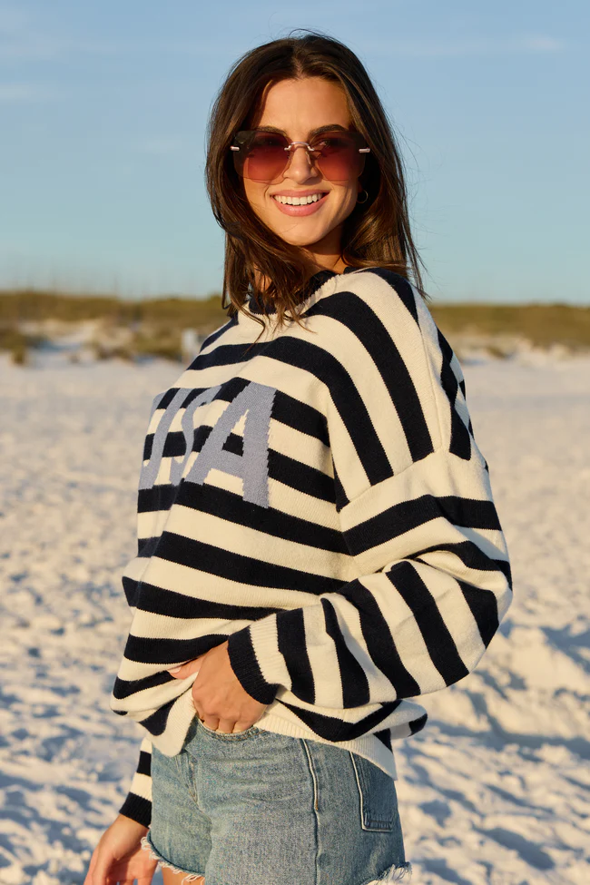 USA Navy And Ivory Striped Sweater - Image 5