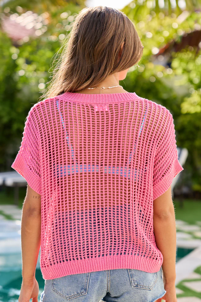 Wave Of Relief Pink Short Sleeve Open Knit Cover Up Sweater SALE - Image 5