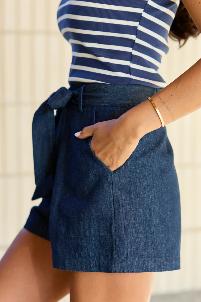 Wherever You Are Dark Wash Belted Denim Shorts - Image 3