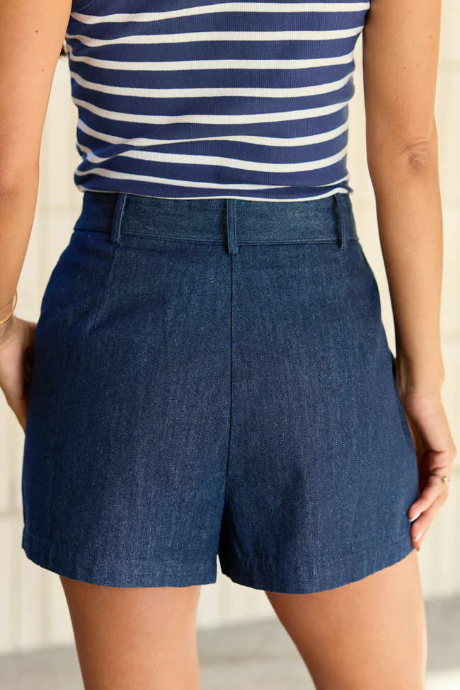 Wherever You Are Dark Wash Belted Denim Shorts - Image 4