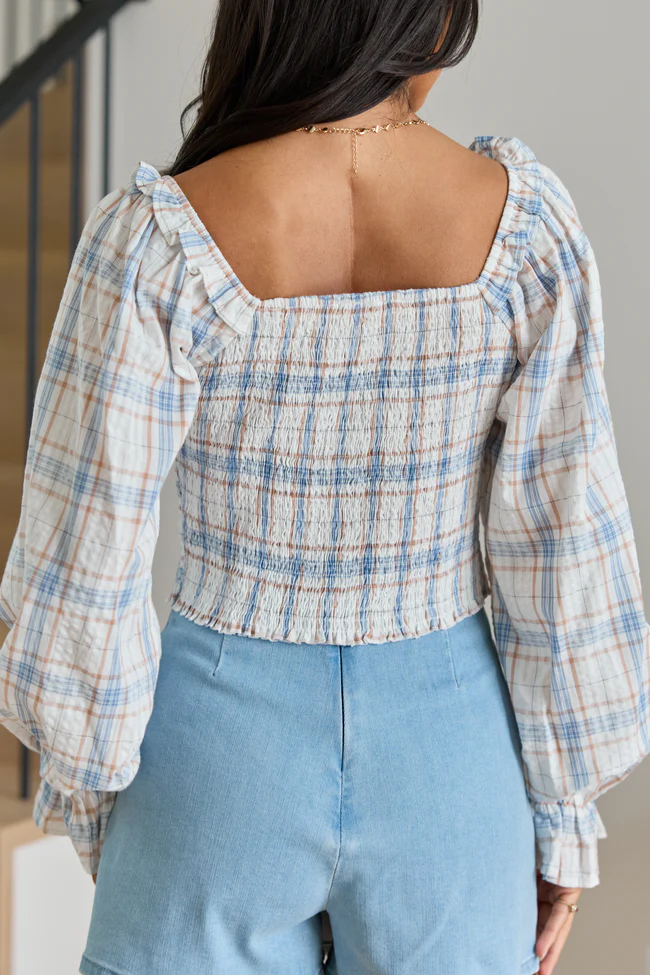 Willow Blue Plaid Smocked Balloon Sleeve Top FINAL SALE - Image 6